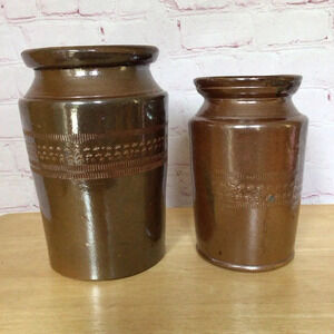 Vintage Hand Made Salt Glazed Incised Pottery Crocks - Set of 2